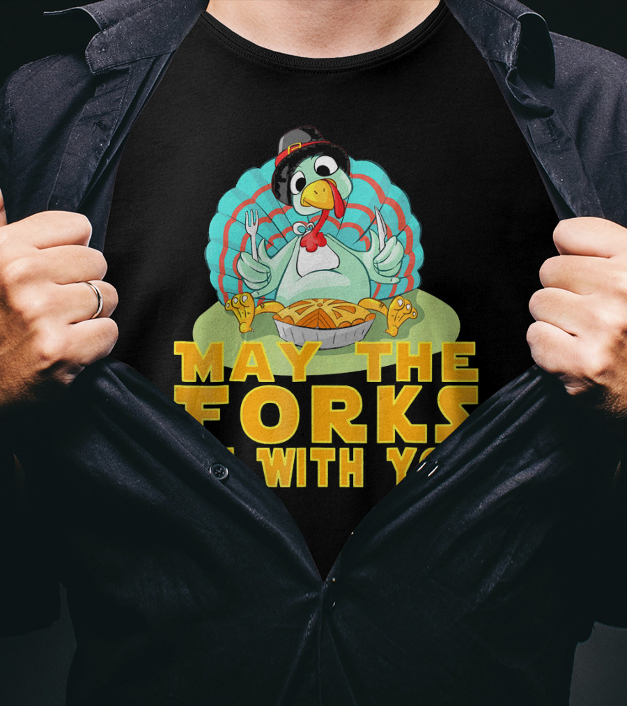 Cute Thanksgiving Turkey May The Forks Be With You Holiday T-Shirt