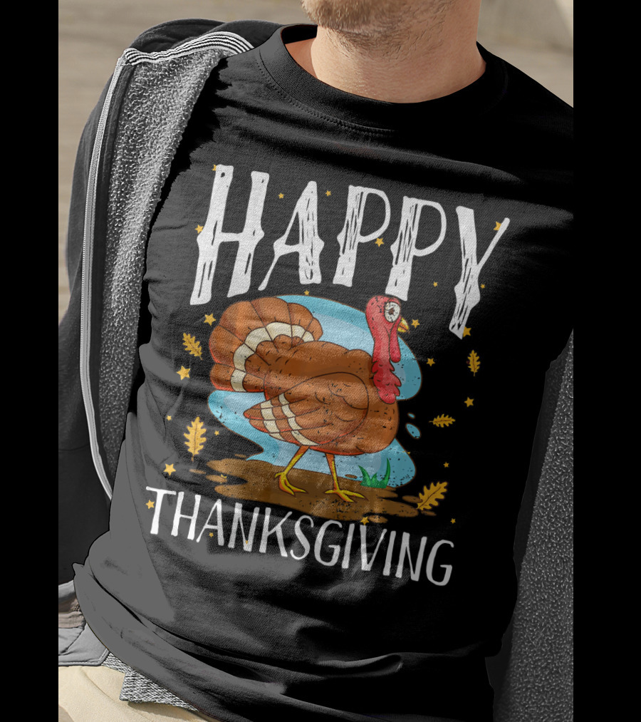 Happy Thanksgiving Funny Turkey Comic Style Leaves Stars T-Shirt