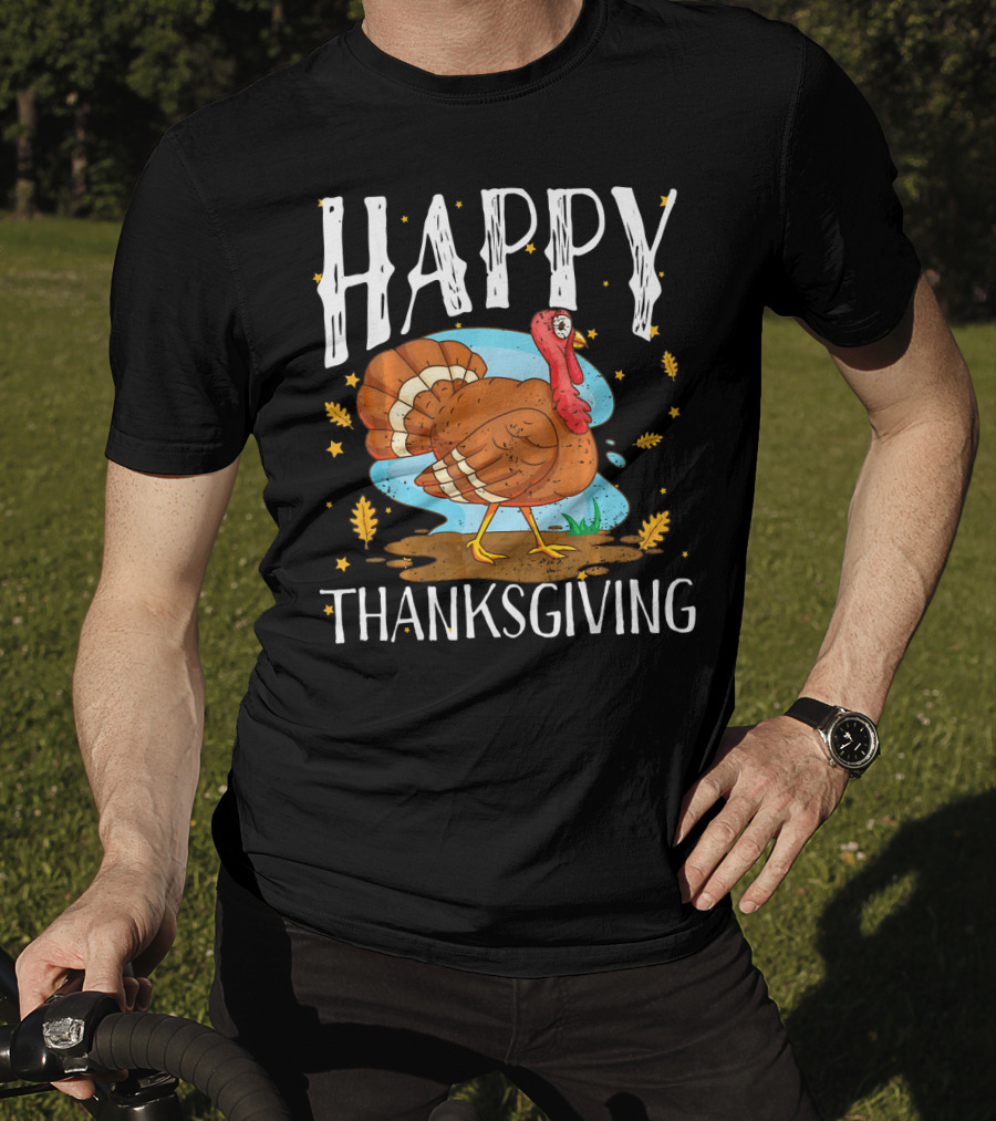 Happy Thanksgiving Funny Turkey Comic Style Leaves Stars T-Shirt
