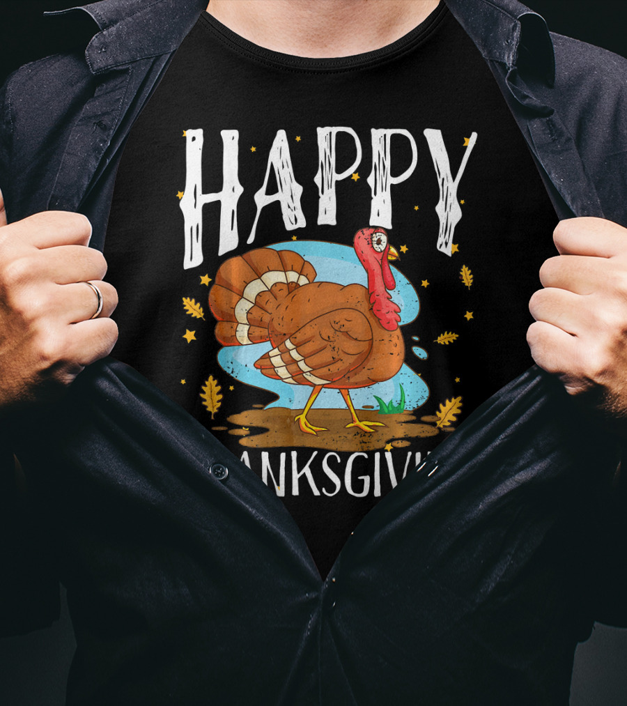 Happy Thanksgiving Funny Turkey Comic Style Leaves Stars T-Shirt