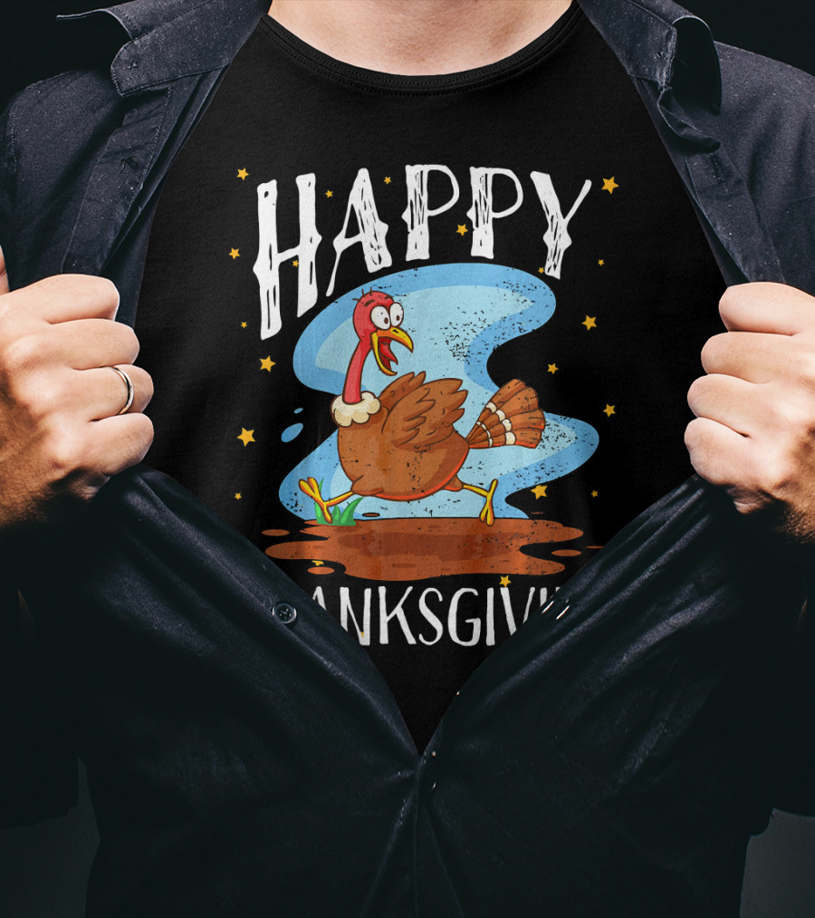 Happy Thanksgiving Running Turkey Cartoon T-Shirt