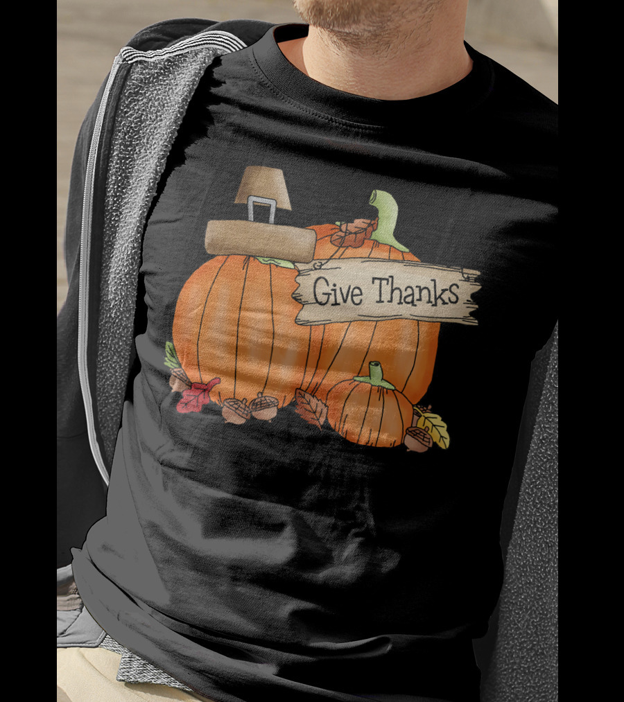 Give Thanks Pumpkin Pilgrim Hat Leaves Acorns T-Shirt