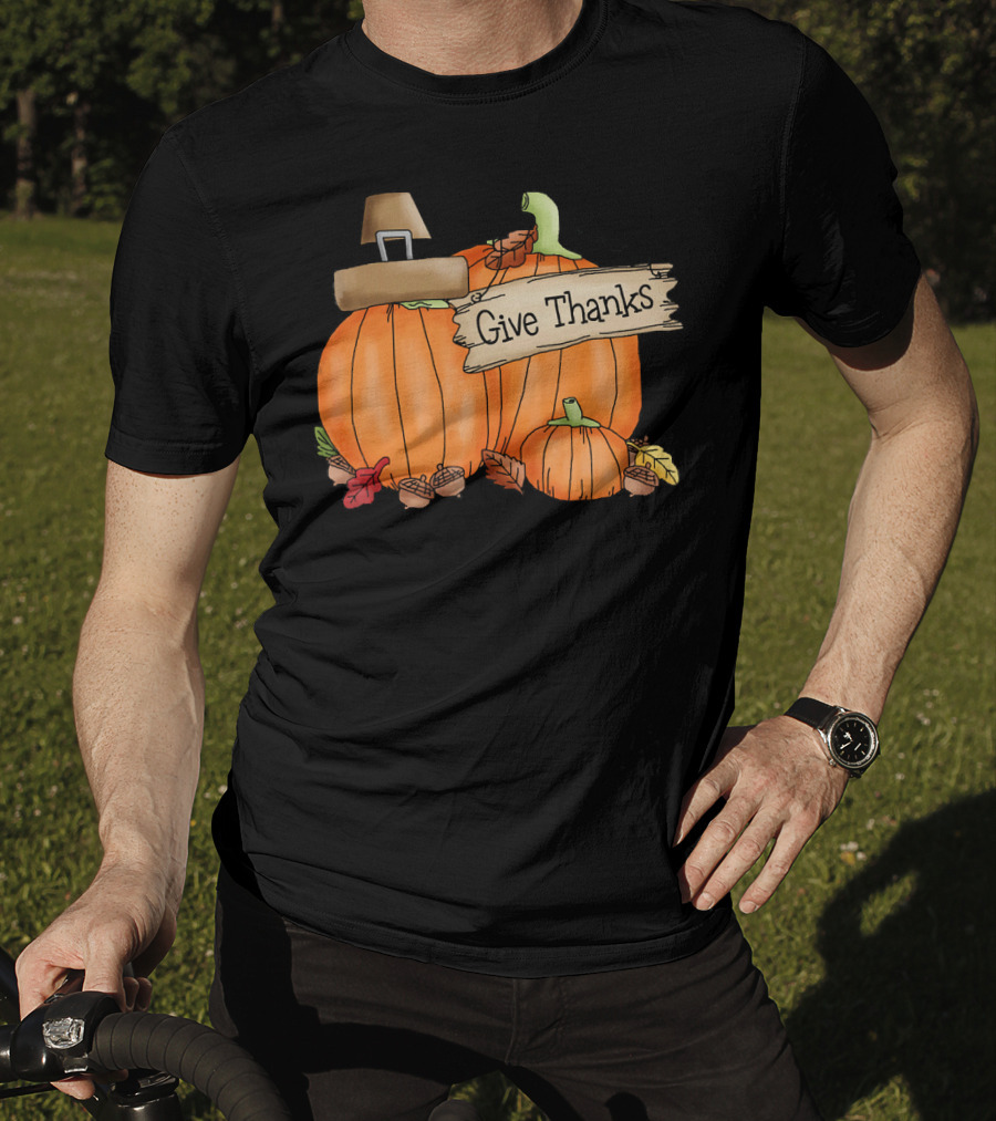 Give Thanks Pumpkin Pilgrim Hat Leaves Acorns T-Shirt
