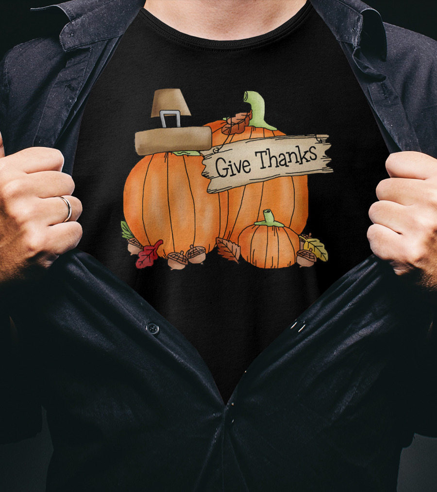 Give Thanks Pumpkin Pilgrim Hat Leaves Acorns T-Shirt