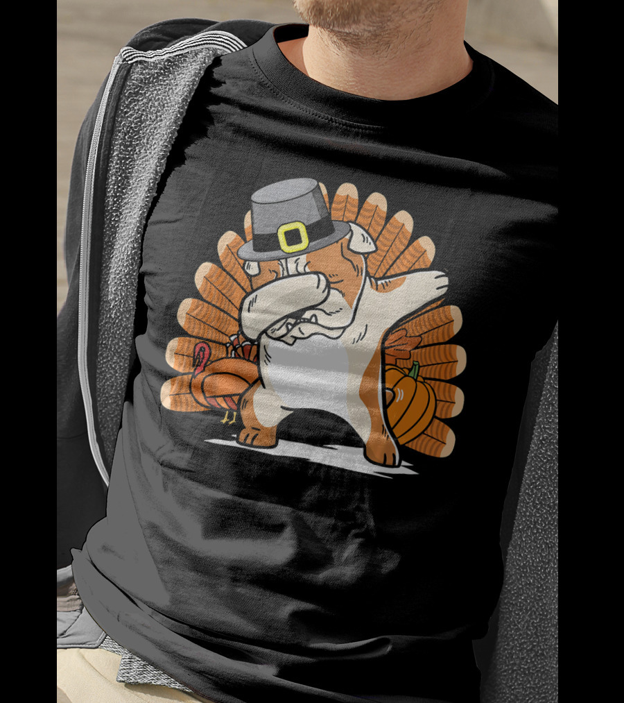 Funny Dabbing English Bulldog Thanksgiving Pilgrim Turkey Pumpkin T-Shirt