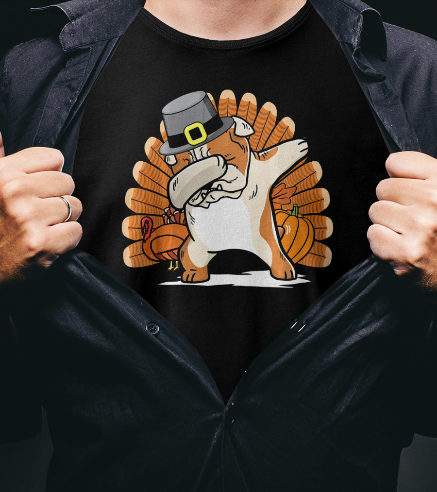 Funny Dabbing English Bulldog Thanksgiving Pilgrim Turkey Pumpkin T-Shirt
