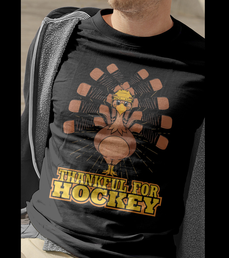Thankful For Hockey Turkey Wearing Helmet With Hockey Sticks T-Shirt