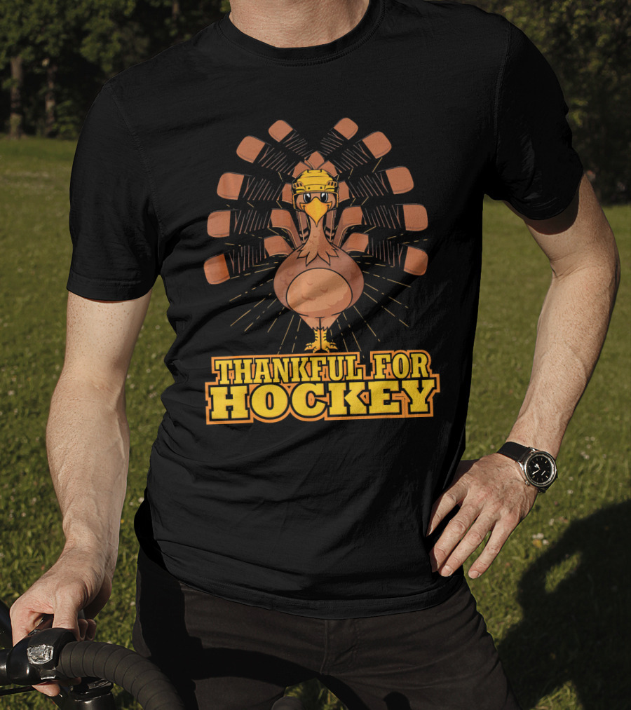Thankful For Hockey Turkey Wearing Helmet With Hockey Sticks T-Shirt