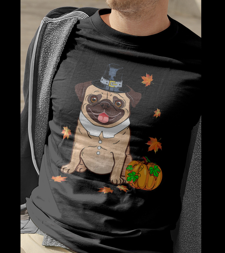 Thanksgiving Pug Pilgrim Hat Pumpkin Leaves T-Shirt
