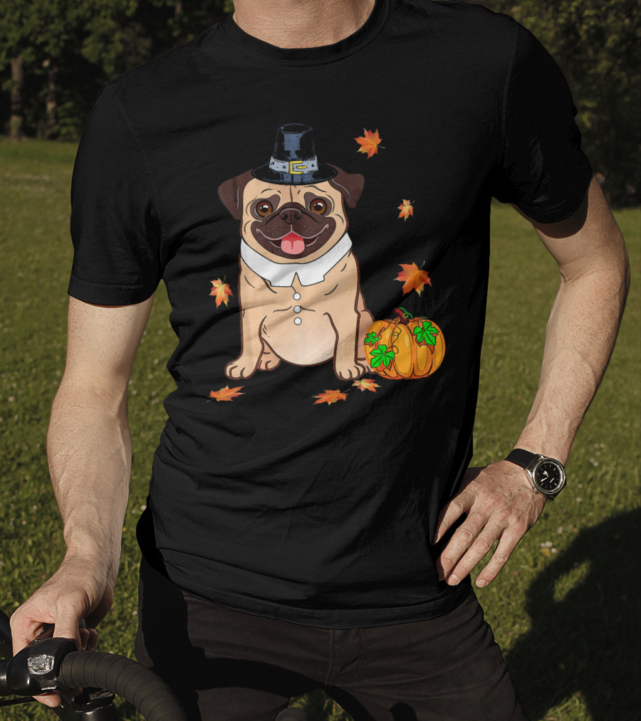 Thanksgiving Pug Pilgrim Hat Pumpkin Leaves T-Shirt