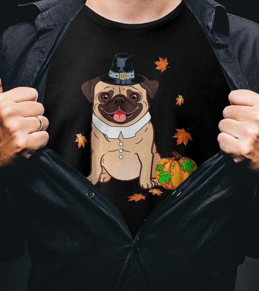 Thanksgiving Pug Pilgrim Hat Pumpkin Leaves T-Shirt