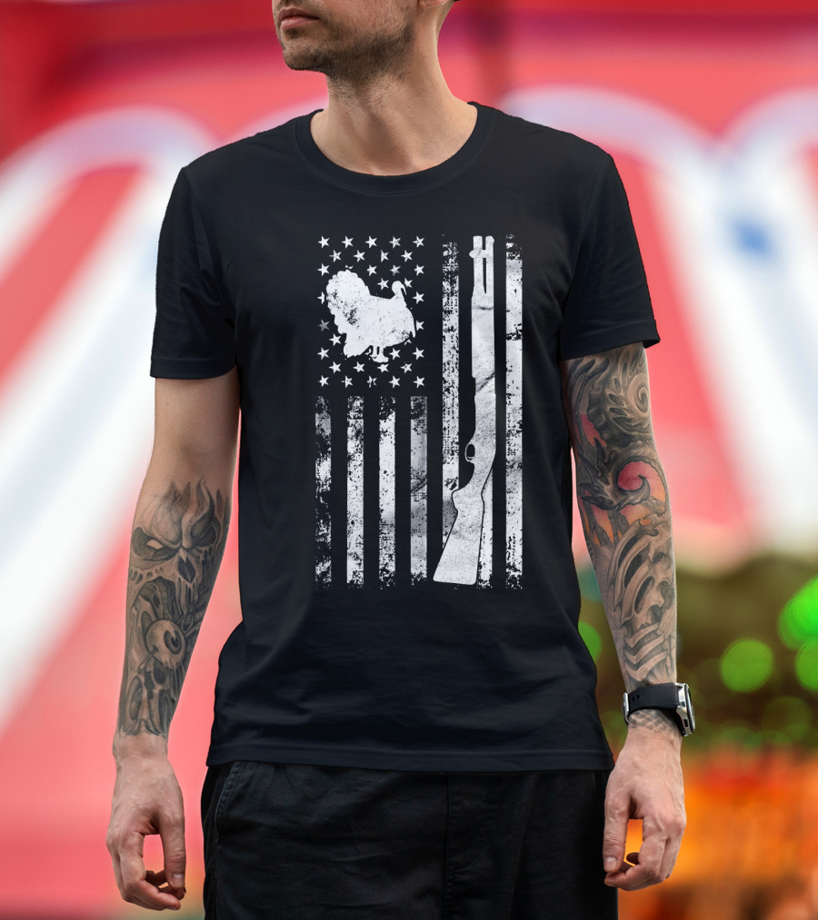Turkey Hunting American Flag with Rifle and Stars T-Shirt