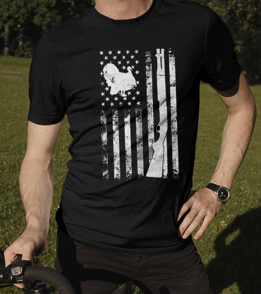 Turkey Hunting American Flag With Rifle And Stars T-Shirt