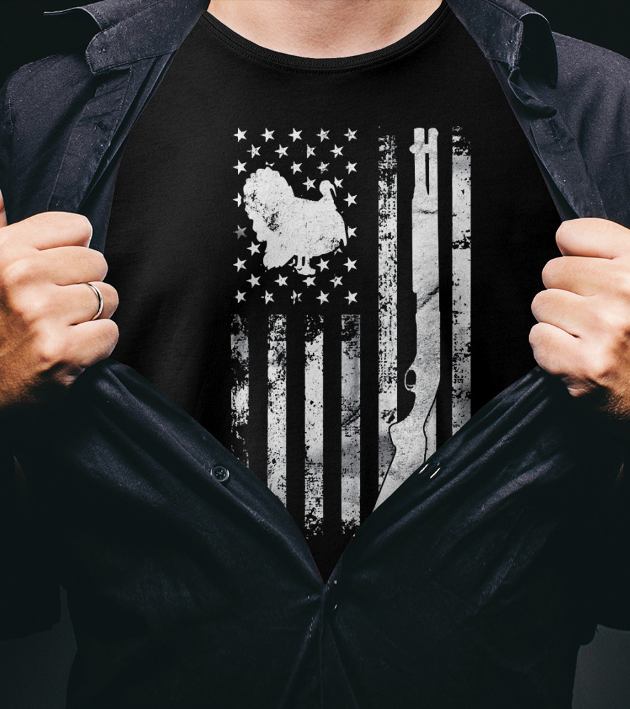 Turkey Hunting American Flag With Rifle And Stars T-Shirt