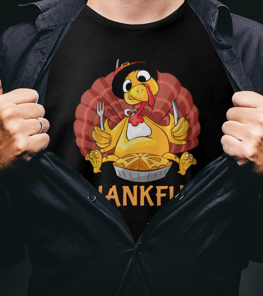 Thankful Turkey With Pie And Pilgrim Hat T-Shirt