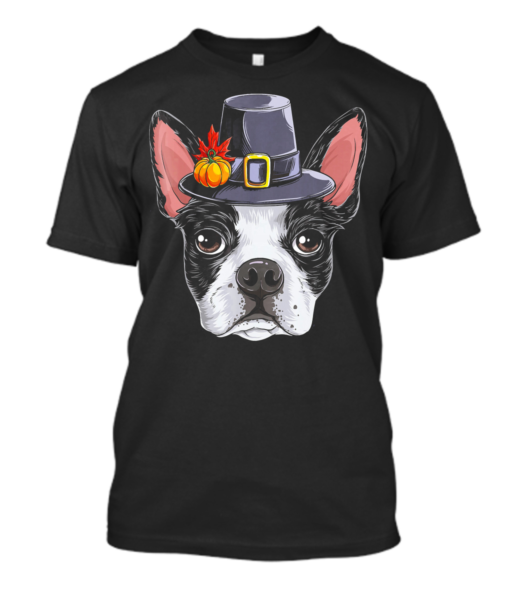 Thanksgiving Bo Boston Terrier In Pilgrim Hat With Pumpkin And Leaves T-Shirt