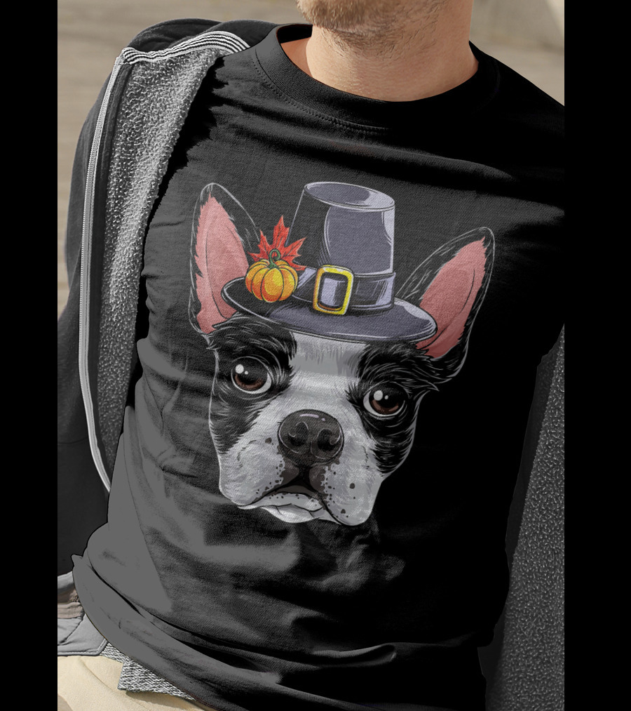 Thanksgiving Bo Boston Terrier In Pilgrim Hat With Pumpkin And Leaves T-Shirt