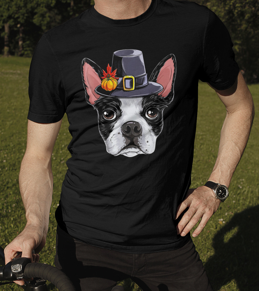 Thanksgiving Bo Boston Terrier In Pilgrim Hat With Pumpkin And Leaves T-Shirt