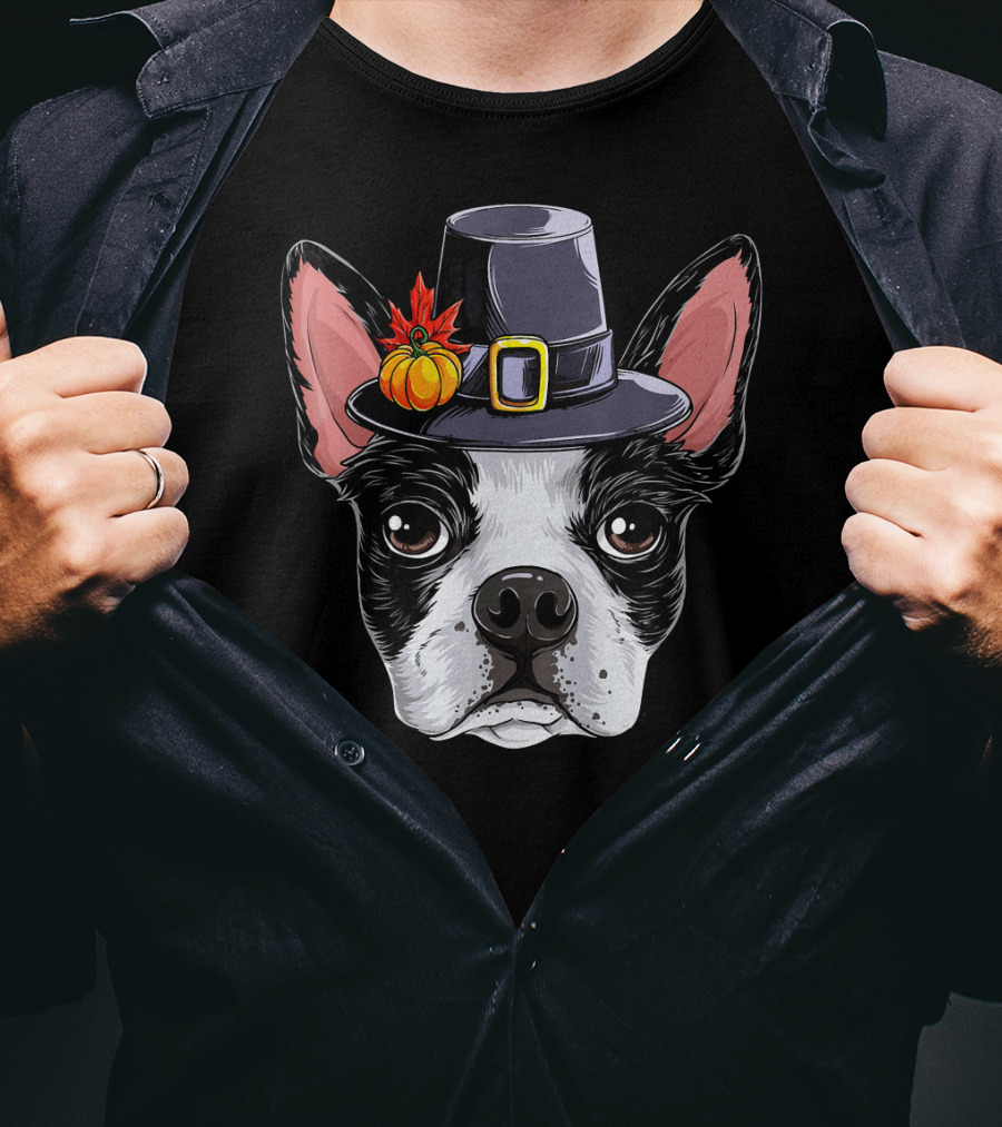 Thanksgiving Bo Boston Terrier In Pilgrim Hat With Pumpkin And Leaves T-Shirt
