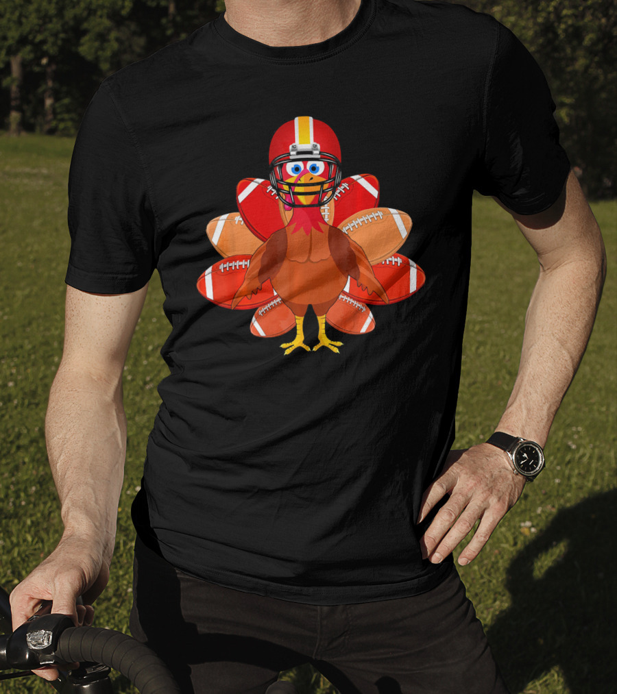 Turkey With Football Helmet Thankful Thanksgiving Football T-Shirt