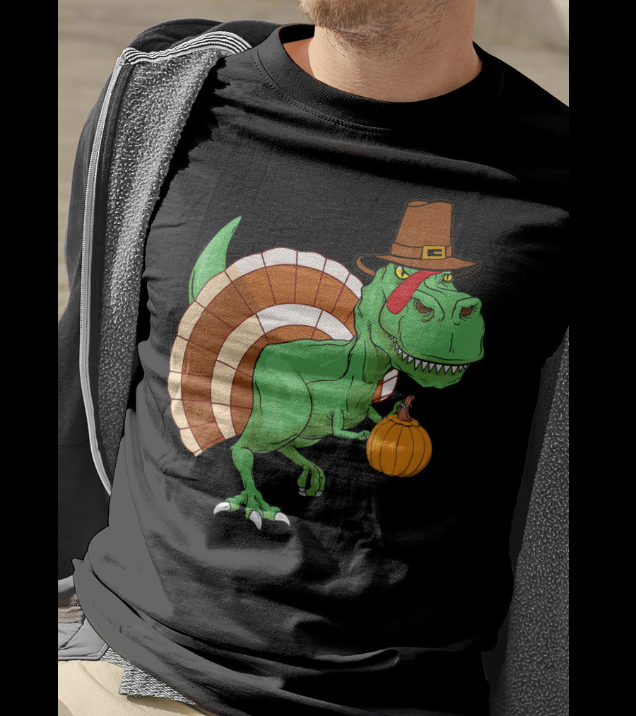Thanksgiving T-Rex Turkey With Pilgrim Hat And Pumpkin T-Shirt