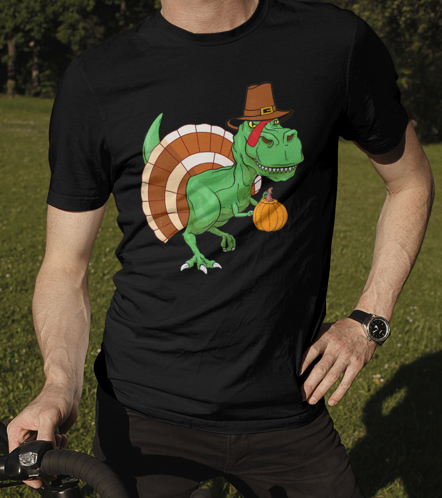 Thanksgiving T-Rex Turkey With Pilgrim Hat And Pumpkin T-Shirt