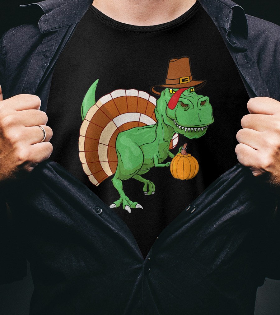 Thanksgiving T-Rex Turkey With Pilgrim Hat And Pumpkin T-Shirt