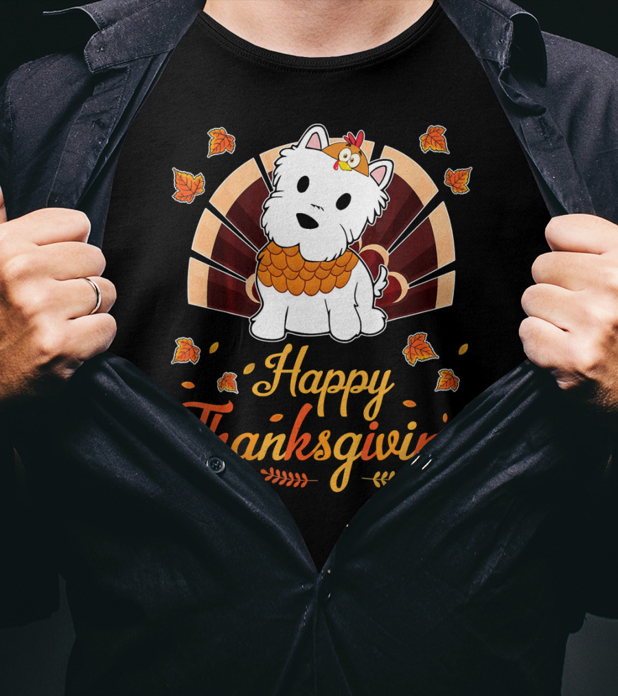 Happy Thanksgiving Turkey Westie Dog Autumn Leaves T-Shirt