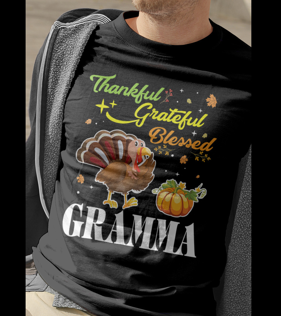 Thankful Grateful Blessed Gramma Turkey Pumpkin Thanksgiving Fall Leaves T-Shirt