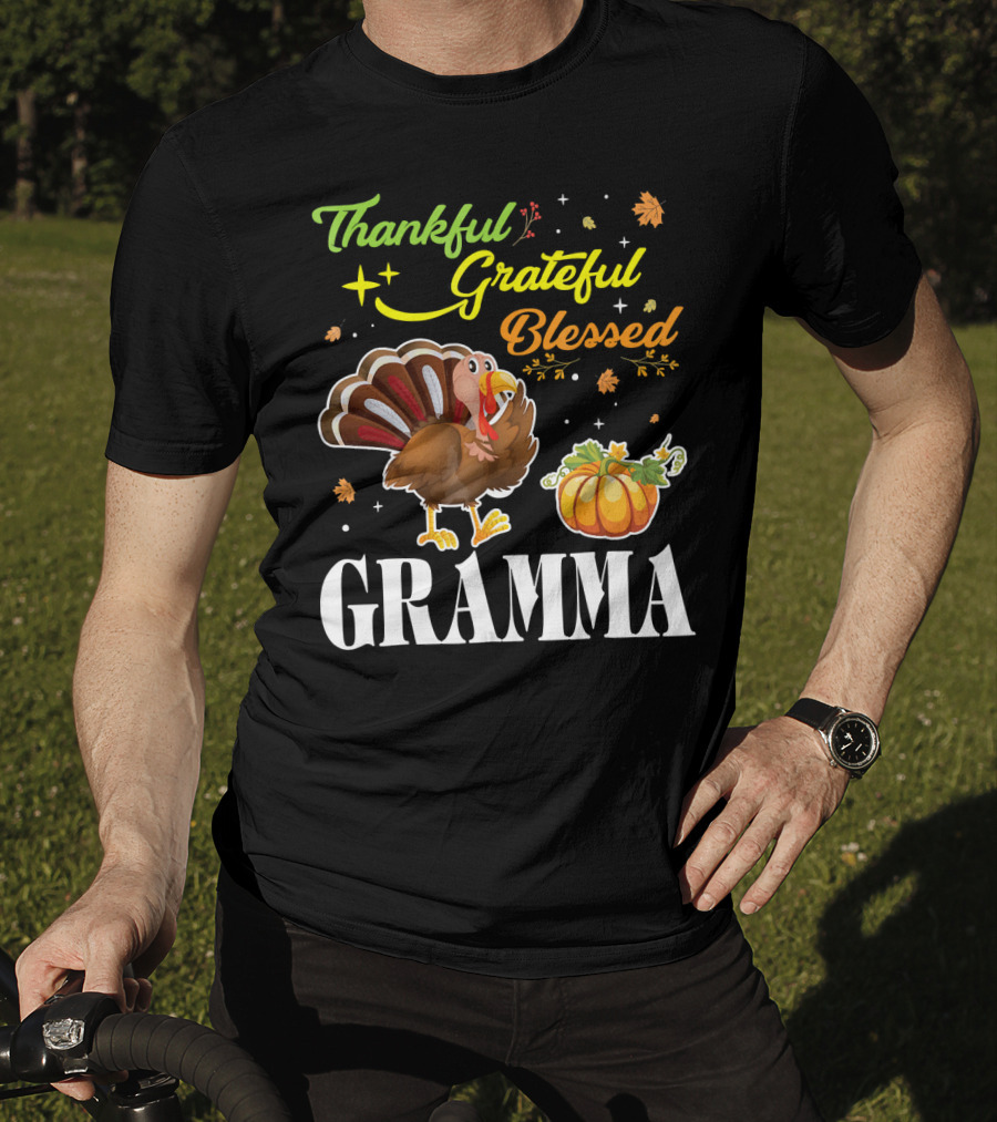 Thankful Grateful Blessed Gramma Turkey Pumpkin Thanksgiving Fall Leaves T-Shirt