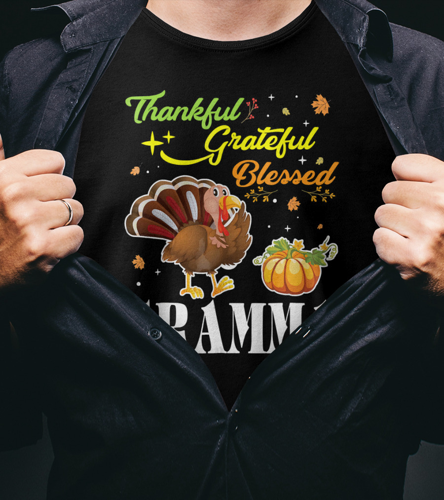 Thankful Grateful Blessed Gramma Turkey Pumpkin Thanksgiving Fall Leaves T-Shirt