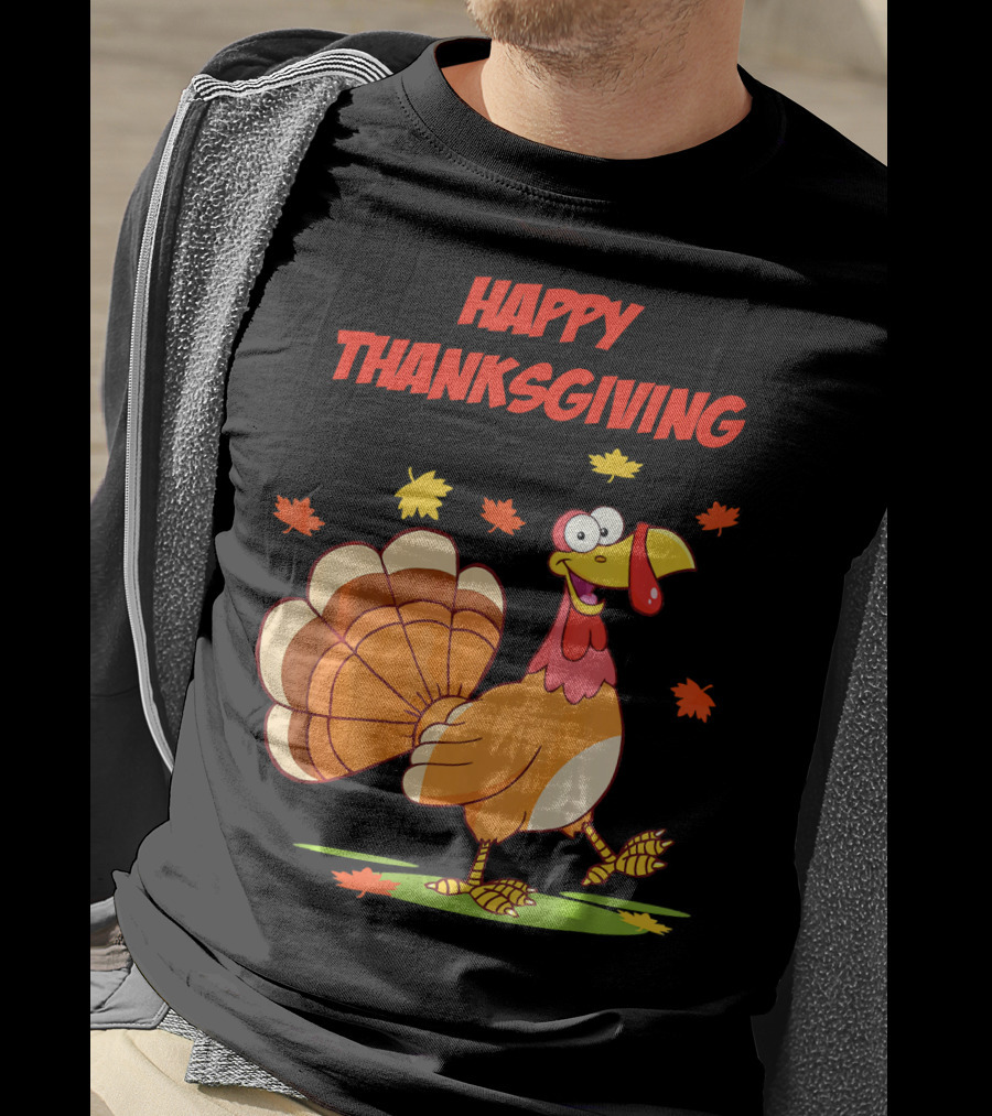 Happy Thanksgiving Funny Turkey Festive Cartoon With Falling Leaves T-Shirt