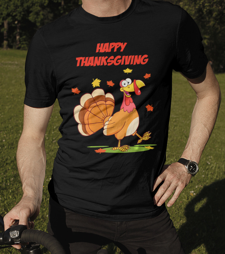 Happy Thanksgiving Funny Turkey Festive Cartoon With Falling Leaves T-Shirt