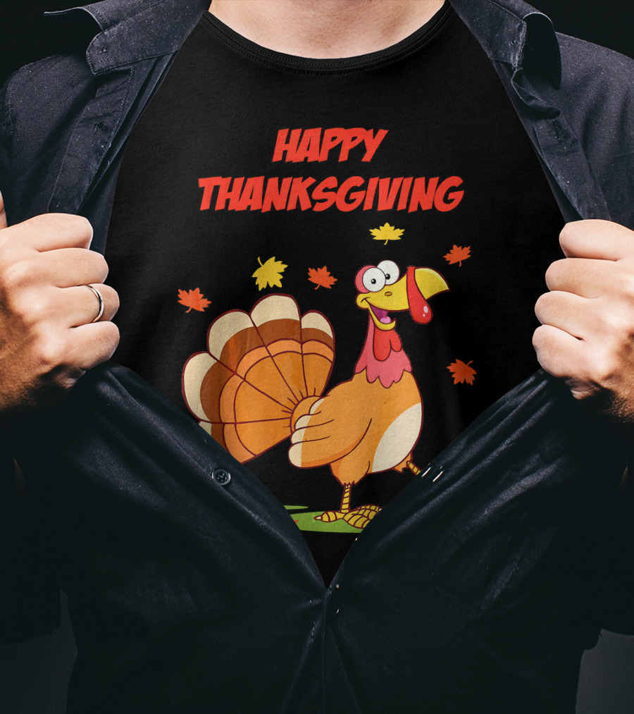 Happy Thanksgiving Funny Turkey Festive Cartoon With Falling Leaves T-Shirt