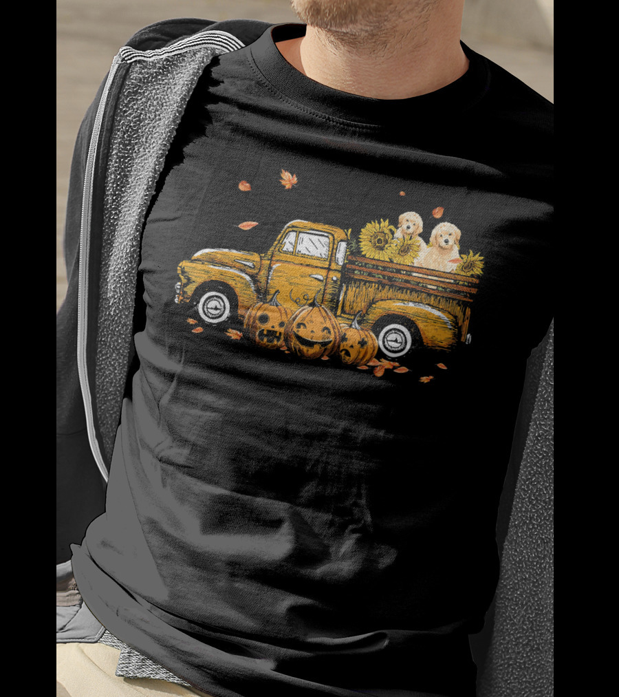 Pumpkin Truck With Sunflowers And Dogs Halloween Scene T-Shirt