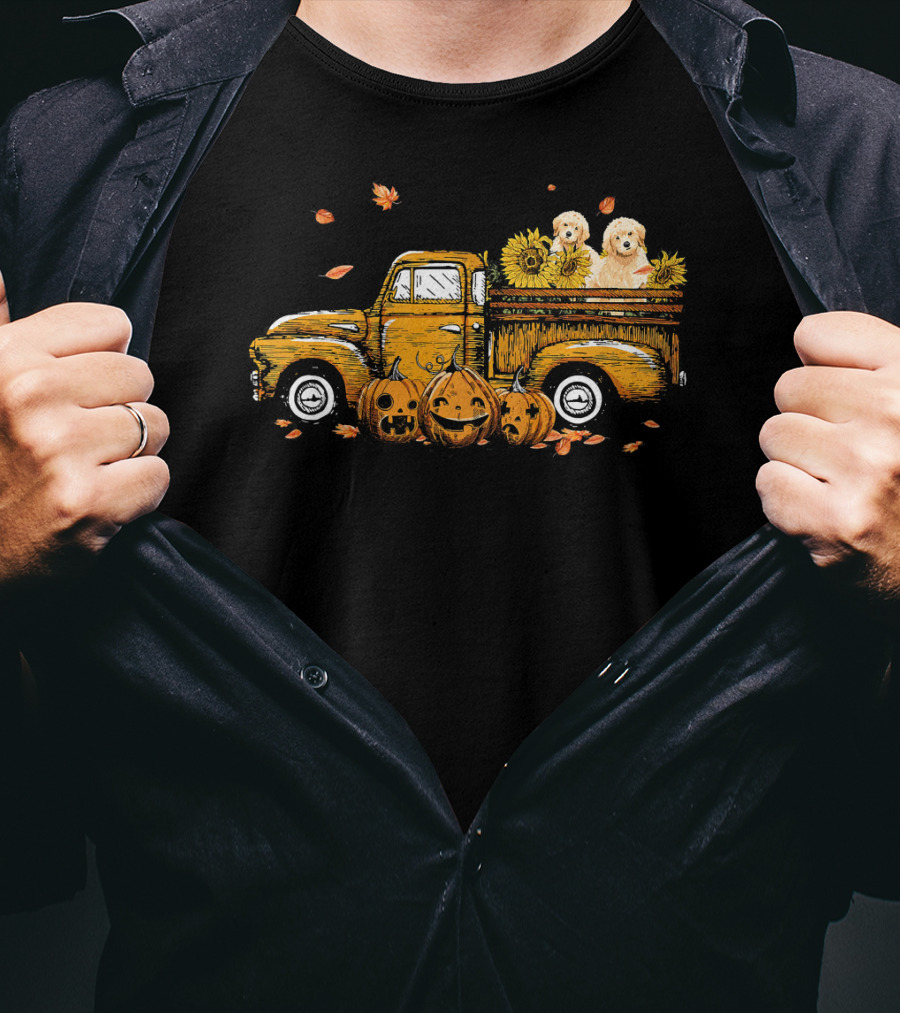 Pumpkin Truck With Sunflowers And Dogs Halloween Scene T-Shirt