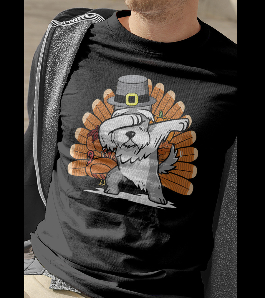 Funny Dabbing Schnauzer Thanksgiving Pilgrim Hat Turkey Dance T-Shirt