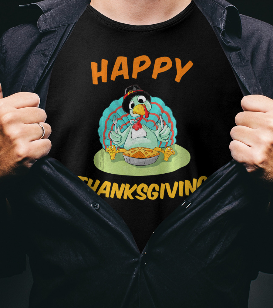 Happy Thanksgiving Funny Turkey Day Turkey Eating Pie T-Shirt