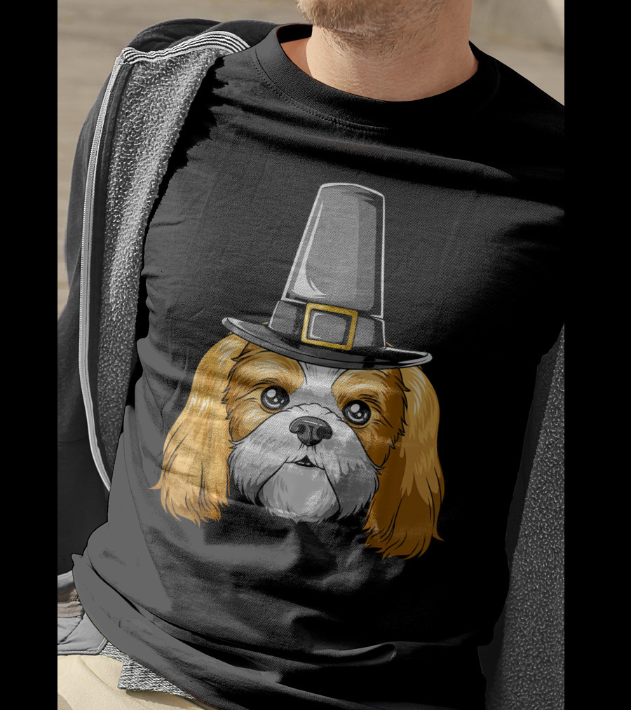 Shih Tzu Wearing Pilgrim Hat Thanksgiving T-Shirt