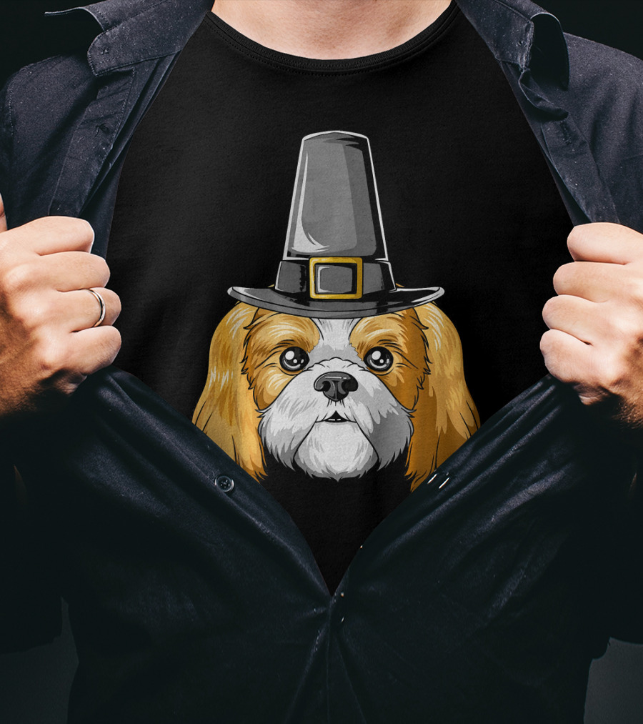 Shih Tzu Wearing Pilgrim Hat Thanksgiving T-Shirt