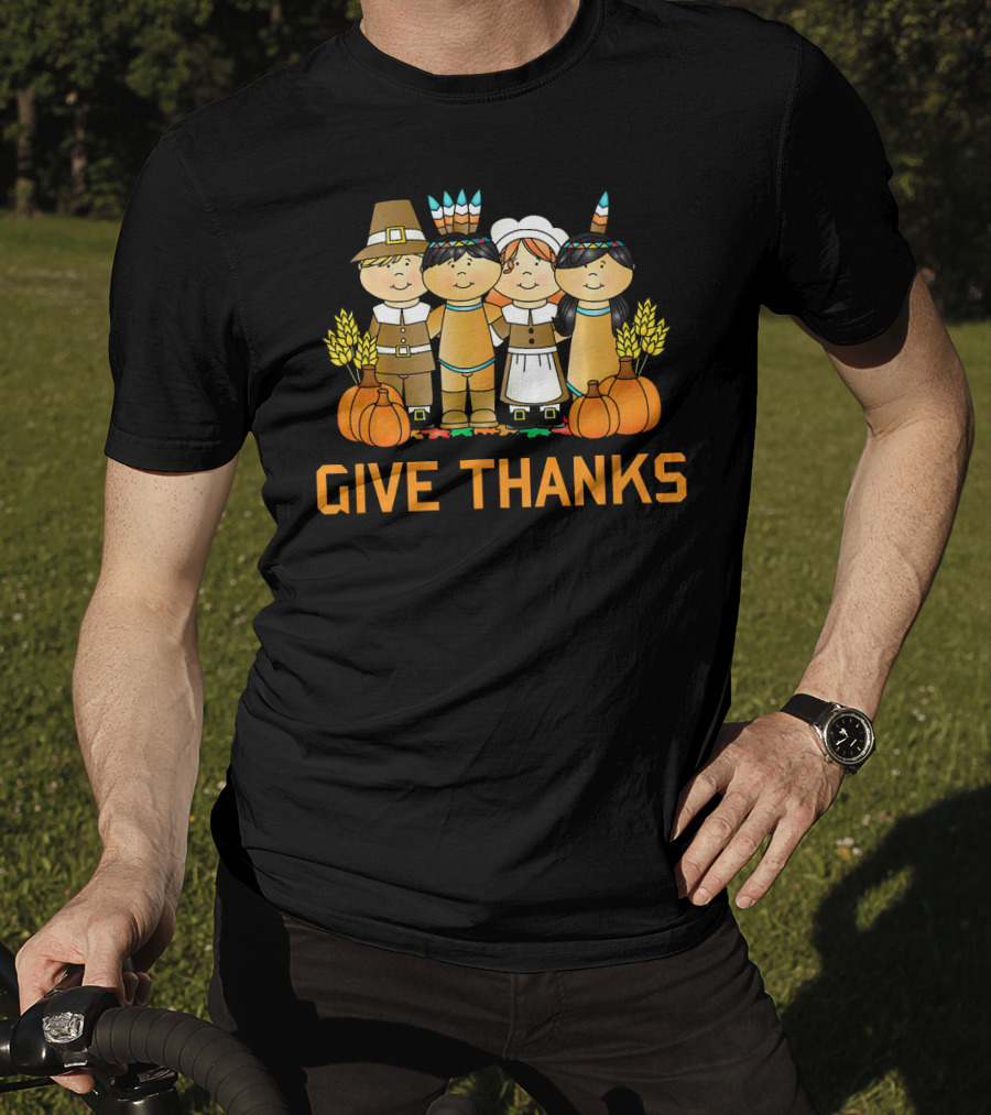 Give Thanks Pumpkin Harvest Pilgrim Native American T-Shirt