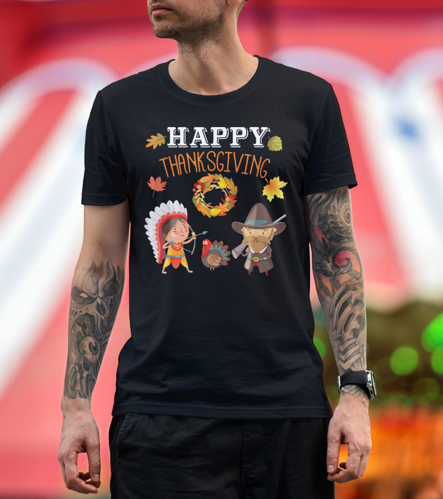Thanksgiving Celebration with Native American and Pilgrim Turkey T-Shirt