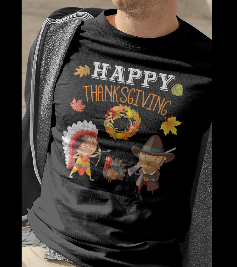 Thanksgiving Celebration With Native American And Pilgrim Turkey T-Shirt