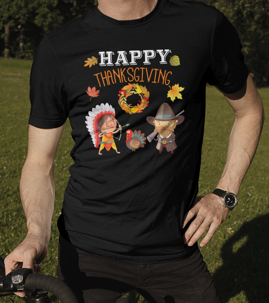 Thanksgiving Celebration With Native American And Pilgrim Turkey T-Shirt