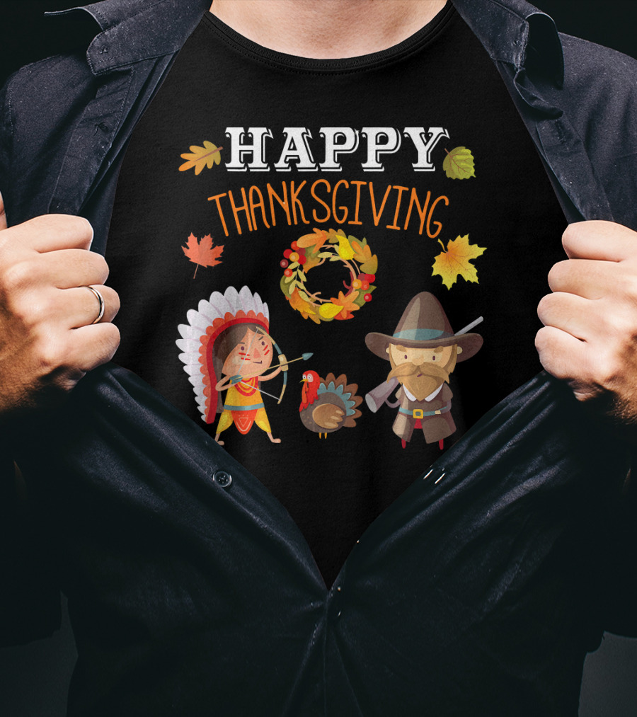 Thanksgiving Celebration With Native American And Pilgrim Turkey T-Shirt