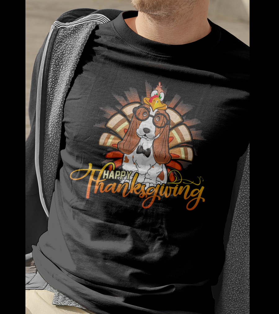 Happy Thanksgiving Basset Hound With Turkey Hat T-Shirt