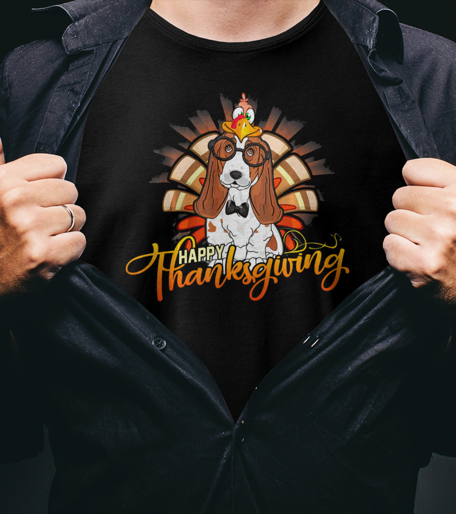Happy Thanksgiving Basset Hound With Turkey Hat T-Shirt