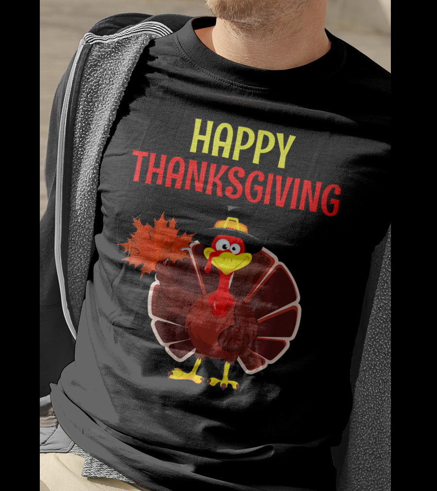 HAPPY THANKSGIVING Turkey Holding Leaf T-Shirt