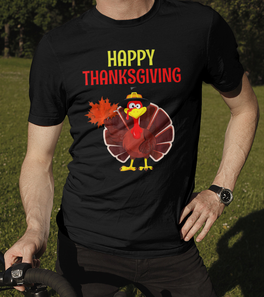 HAPPY THANKSGIVING Turkey Holding Leaf T-Shirt