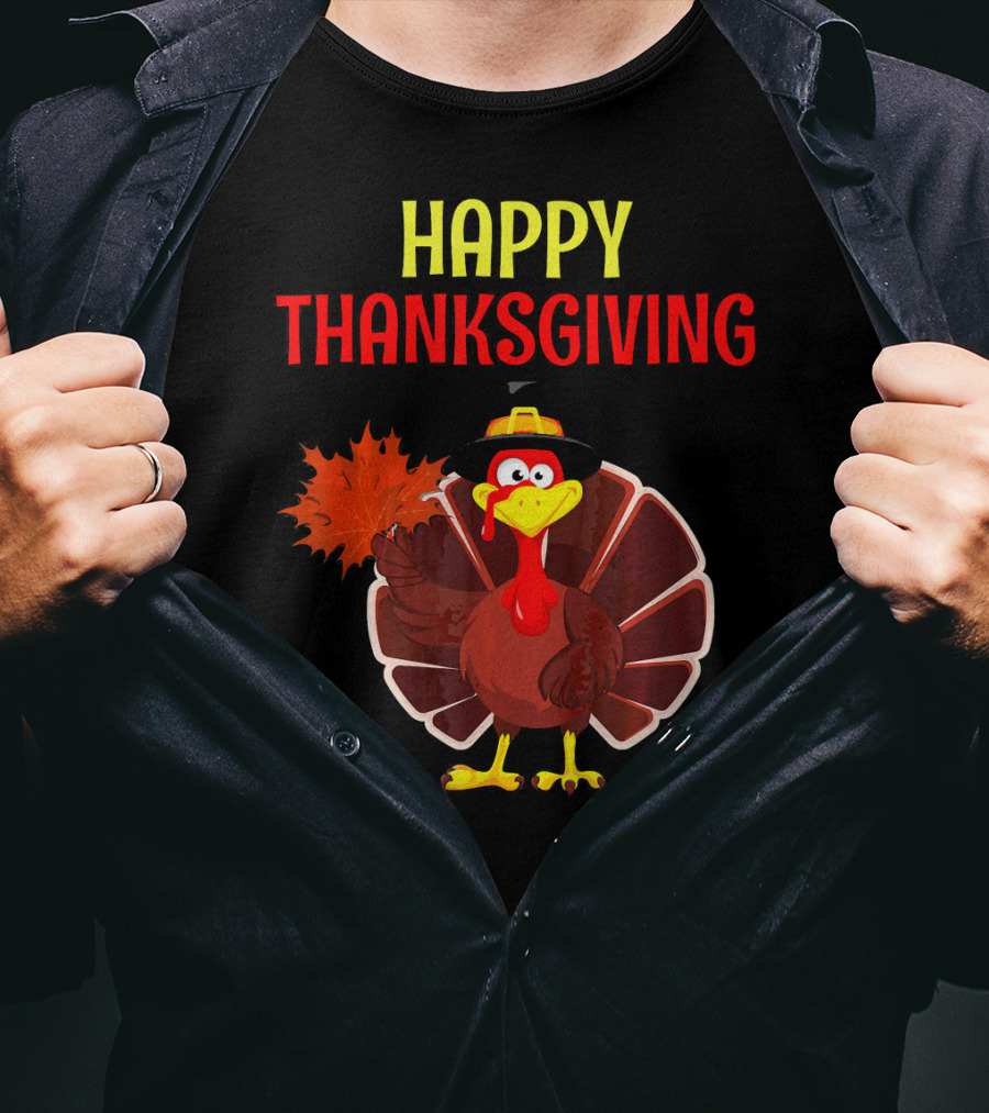HAPPY THANKSGIVING Turkey Holding Leaf T-Shirt